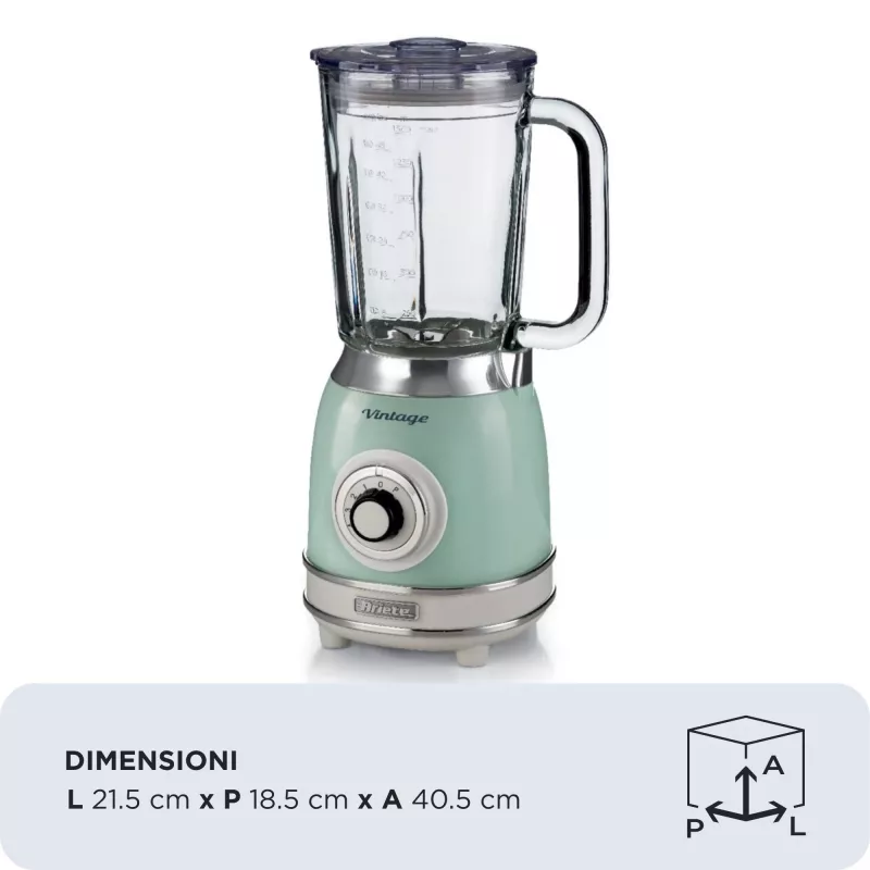 Ariete 583, „Vintage“ trintuvas su 1,5 litro stiklo indu, 4 nerūdijančio plieno peiliais, 4 greičiais + impulsinis režimas, 1000 W, žalios spalvos