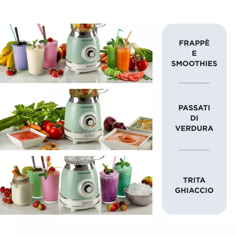 Ariete 583, „Vintage“ trintuvas su 1,5 litro stiklo indu, 4 nerūdijančio plieno peiliais, 4 greičiais + impulsinis režimas, 1000 W, žalios spalvos