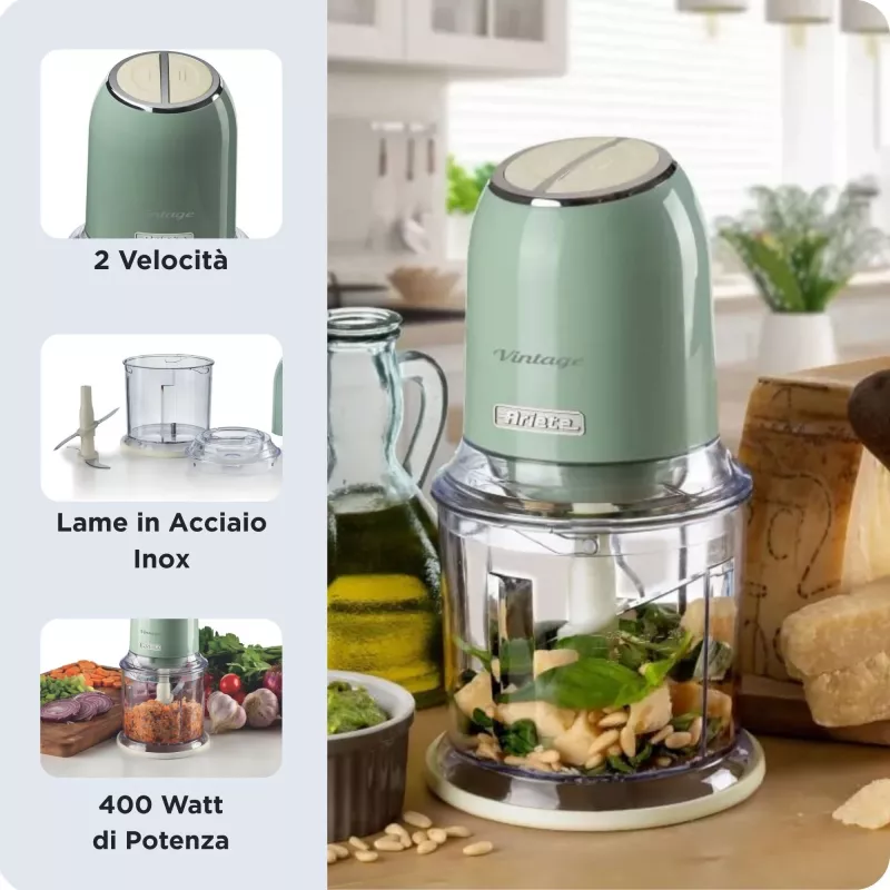 Ariete 438, Vintage smulkintuvas, smulkintuvas ir ledo trupintuvas, 2 greičiai, 4 nerūdijančio plieno peiliai, 600 ml graduotas puodelis, 400 W, žalia