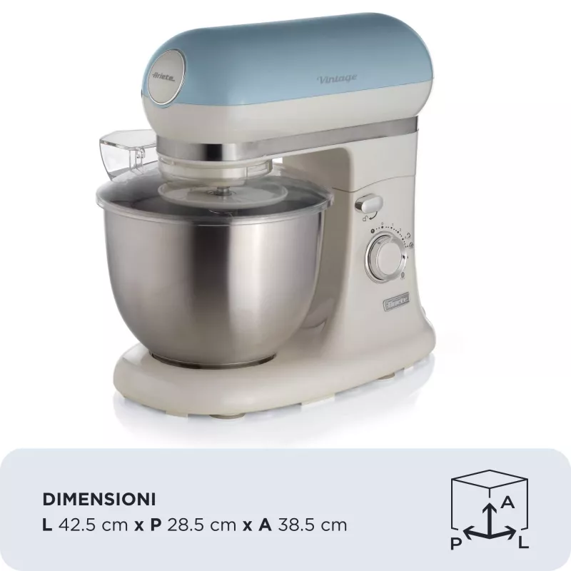 Ariete 1588 Vintage Mixer, planetarinis maišytuvas duonai, picai, pyragams ir pyragaičiams, 5,5 l talpa, 7 greičiai, 2400 vatų, pastelinė mėlyna