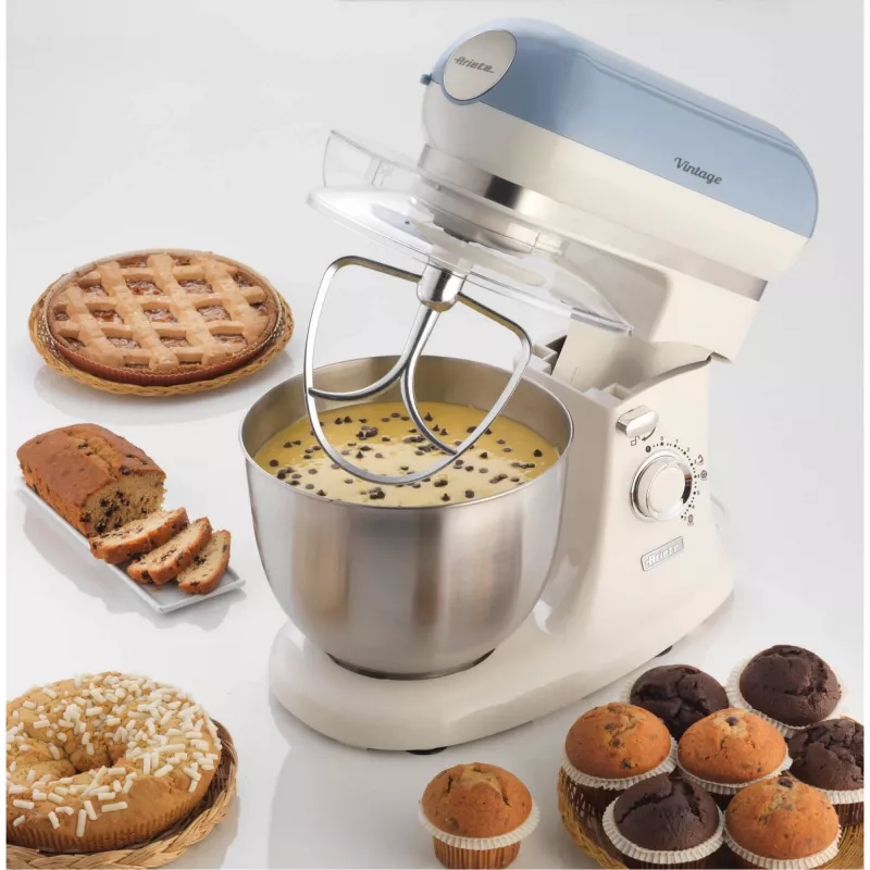 Ariete 1588 Vintage Mixer, planetarinis maišytuvas duonai, picai, pyragams ir pyragaičiams, 5,5 l talpa, 7 greičiai, 2400 vatų, pastelinė mėlyna