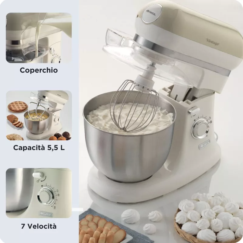 Ariete 1588 Vintage Mixer, planetarinis maišytuvas duonai, picai, pyragams ir kepiniams, 5,5 l talpa, 7 greičiai, 2400 W, pastelinė smėlio spalva