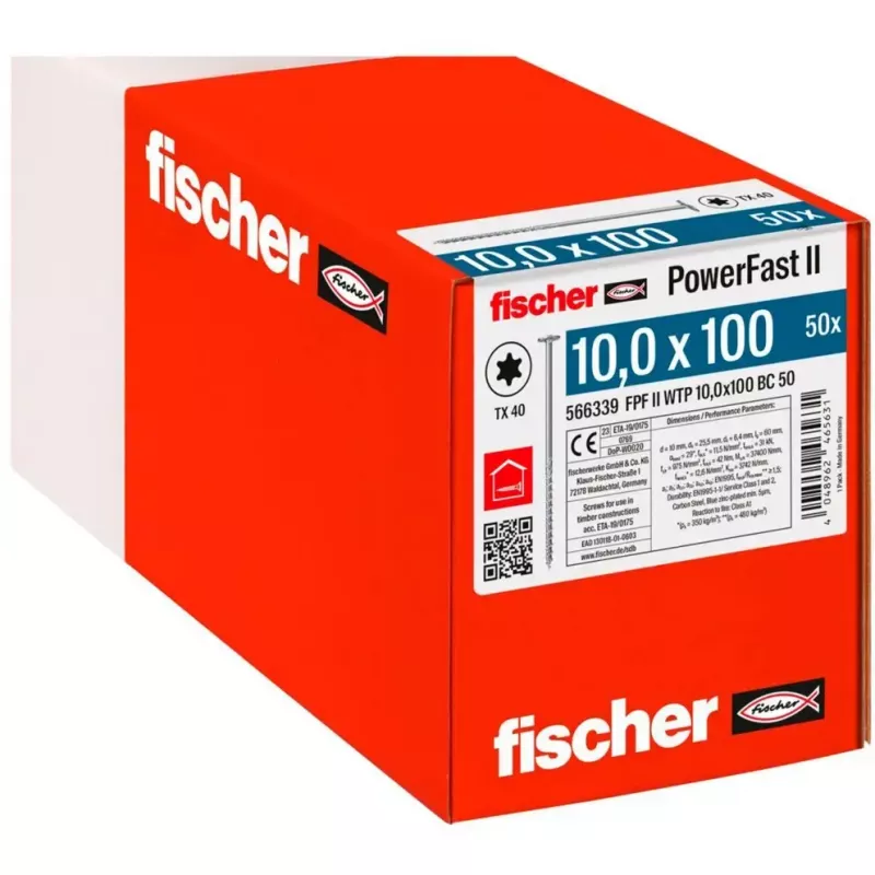 Medžio konstrukcinis sraigtas FISCHER PowerFast II 10,0x100 mm su plokščia galvute TX cinkuotas
