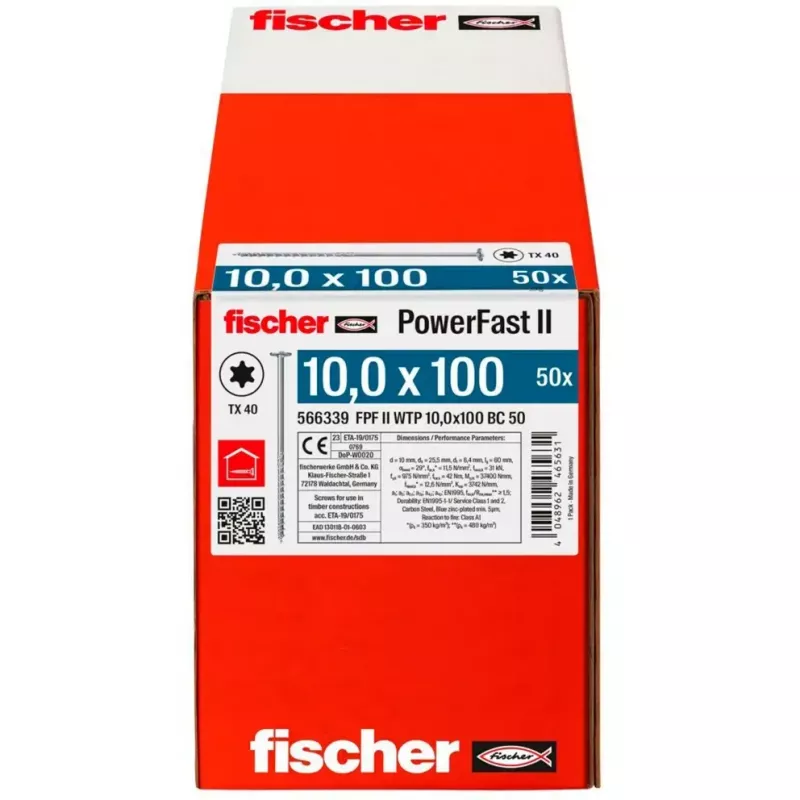 Medžio konstrukcinis sraigtas FISCHER PowerFast II 10,0x100 mm su plokščia galvute TX cinkuotas