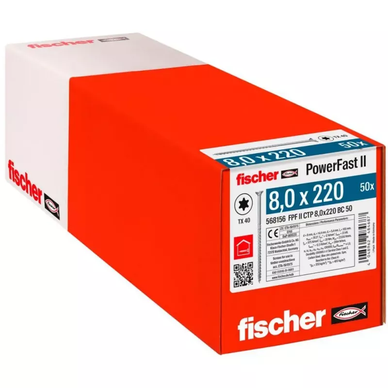 Medienos konstrukcinis varžtas FISCHER PowerFast II 8,0x220 mm su įgilinta galvute TX, cinkuotas
