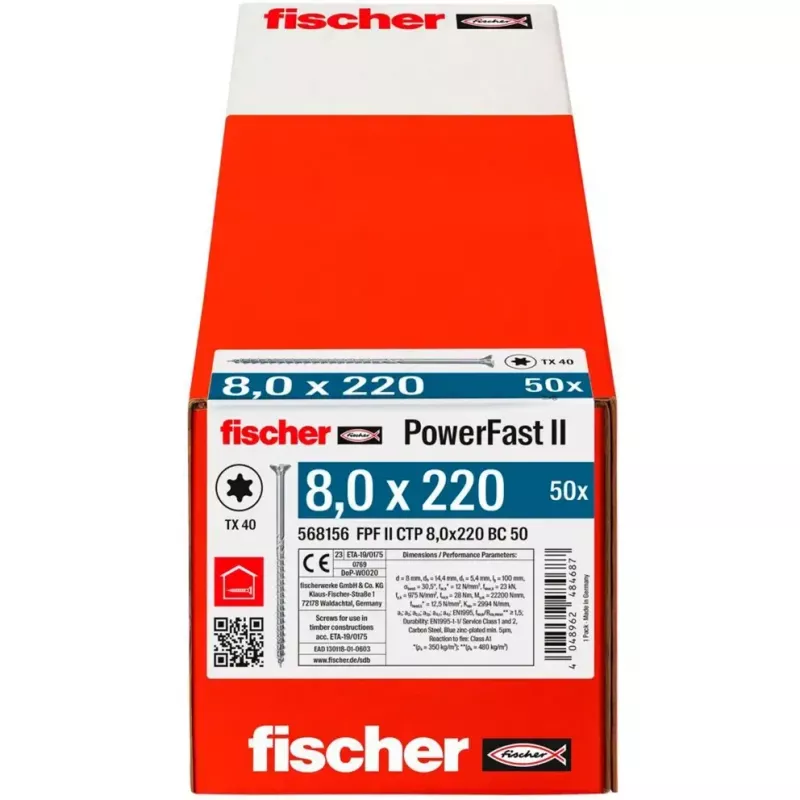 Medienos konstrukcinis varžtas FISCHER PowerFast II 8,0x220 mm su įgilinta galvute TX, cinkuotas