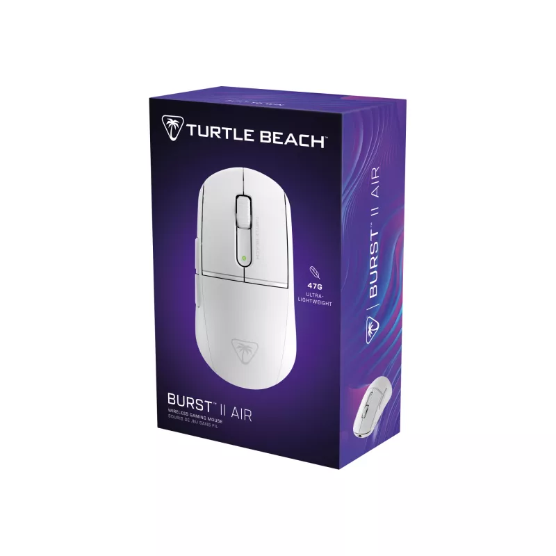Turtle Beach Burst II Air White – 2,4 GHz belaidis žaidimų pelė: 47 g itin lengva, optiniai jungikliai, 26K DPI optinis jutiklis, Bluetooth, 120 val. baterija