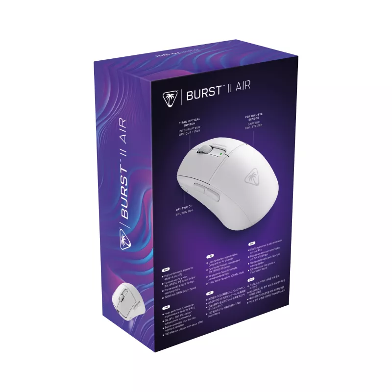 Turtle Beach Burst II Air White – 2,4 GHz belaidis žaidimų pelė: 47 g itin lengva, optiniai jungikliai, 26K DPI optinis jutiklis, Bluetooth, 120 val. baterija
