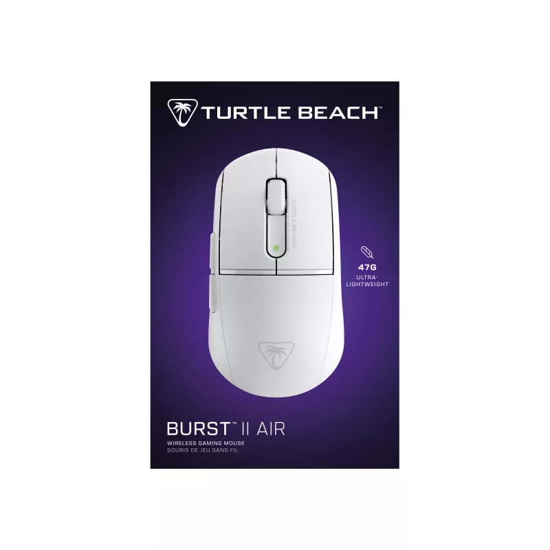 Turtle Beach Burst II Air White – 2,4 GHz belaidis žaidimų pelė: 47 g itin lengva, optiniai jungikliai, 26K DPI optinis jutiklis, Bluetooth, 120 val. baterija