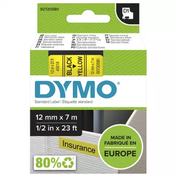 Autentiškos DYMO D1 etiketės | Juoda spauda ant geltonos juostos | 12 mm x 7 m | Lipnios etiketės, skirtos LabelManager etikečių kūrimo įrenginiams | Pagaminta Europoje