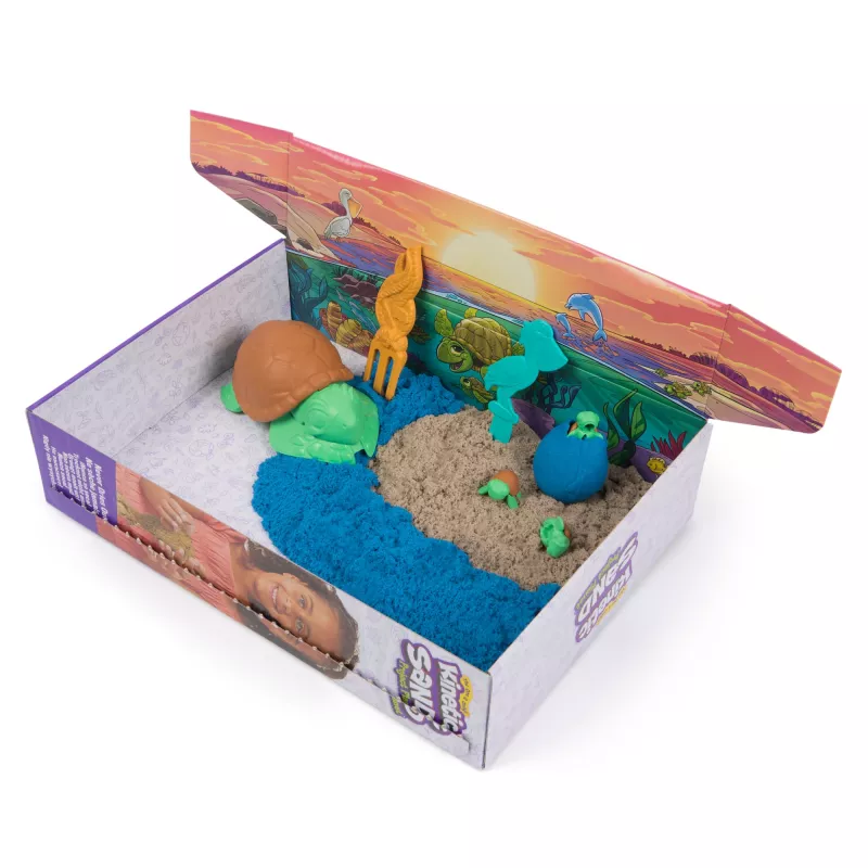 Kinetic Sand, Project Planet Turtle Beach su 14oz žaidimų smėliu, įrankiais ir formomis, iš tvarių ekologiškų medžiagų, sensoriniai žaislai vaikams