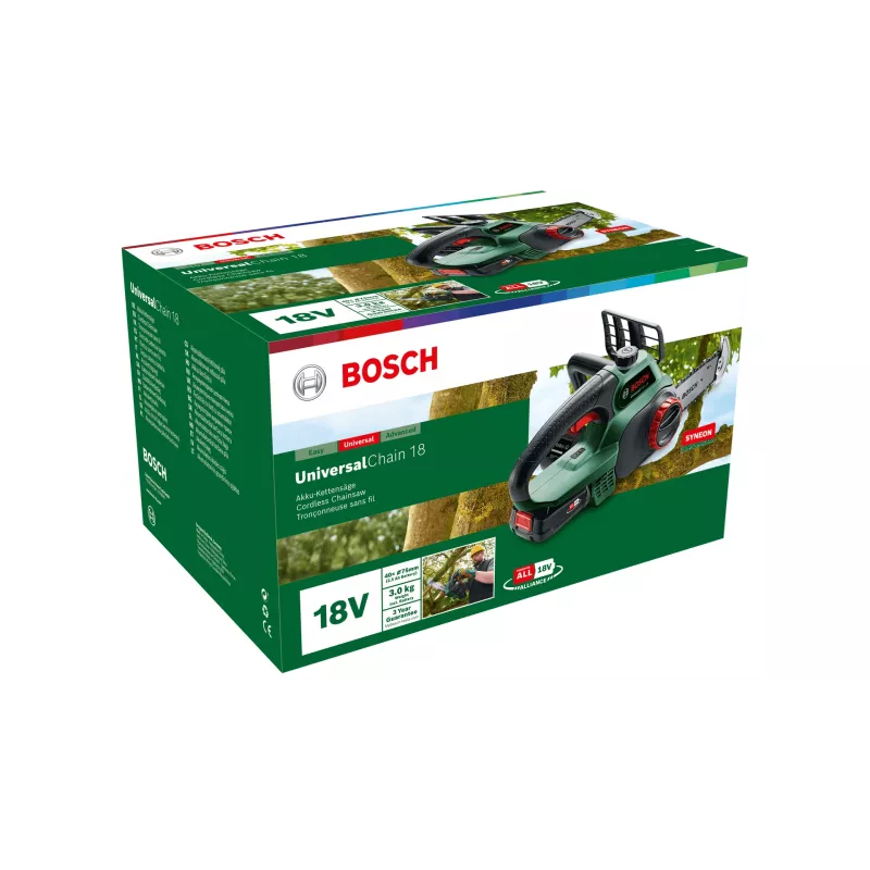 Belaidis grandininis pjūklas Bosch UniversalChain 18 — 13,5 cm grandinės juosta, 20 cm pjovimo diskas, 2,5 Ah baterija, 3 kg