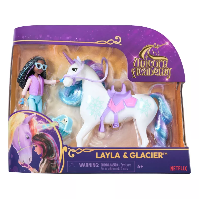 Unicorn Academy, Layla ir Glacier su 2 priedais ir plaukų formavimo įrankiu, lėlės ir vienaragio žaislai mergaitėms nuo 4 metų