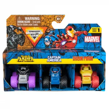 Monster Jam, Marvel mini monstrų sunkvežimių 3 rinkinys, Juodoji pantera, Kapitonas Amerika, Geležinis žmogus, lieto metalo monstrų sunkvežimiai, mastelis 1:87, vaikiški žaislai berniukams nuo 3 metų