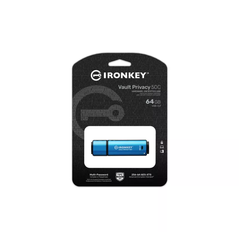 Kingston Technology IronKey 64GB USB-C Vault Privacy 50C AES-256 šifruota, FIPS 197