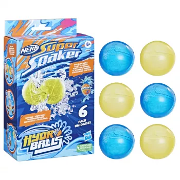 Vandens balionai HASBRO Nerf Super Soaker Hydro Balls — įmontuota vandens talpa, 6 vnt., plastikiniai, mėlyni/geltoni, amžius 6+