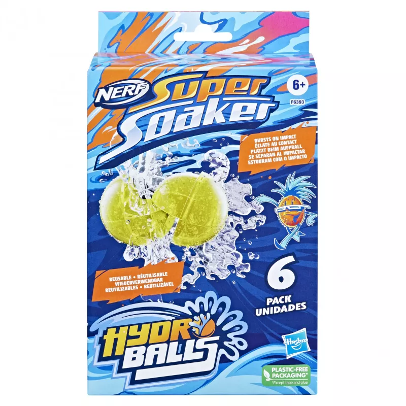 Vandens balionai HASBRO Nerf Super Soaker Hydro Balls — įmontuota vandens talpa, 6 vnt., plastikiniai, mėlyni/geltoni, amžius 6+