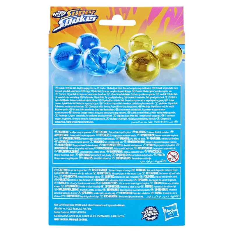 Vandens balionai HASBRO Nerf Super Soaker Hydro Balls — įmontuota vandens talpa, 6 vnt., plastikiniai, mėlyni/geltoni, amžius 6+
