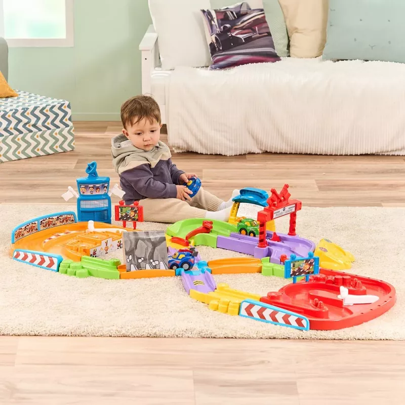 Žaislinis RC automobilių lenktynių takelis VTech Tut Tut Baby Flitzer – interaktyvus stumiamo ir važiuojamo transporto priemonių rinkinys