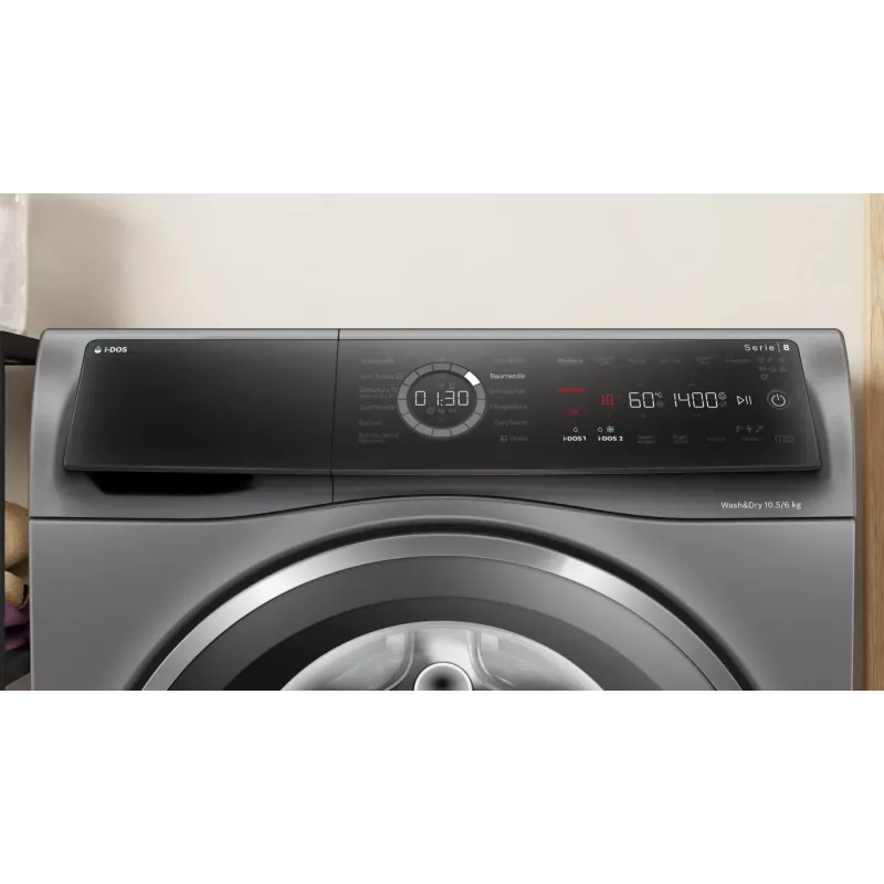 Bosch Serie 8 WNC254AS0 skalbimo-džiovinimo mašina Laisvai pastatomas Įkraunamas iš priekio Nerūdijantis plienas