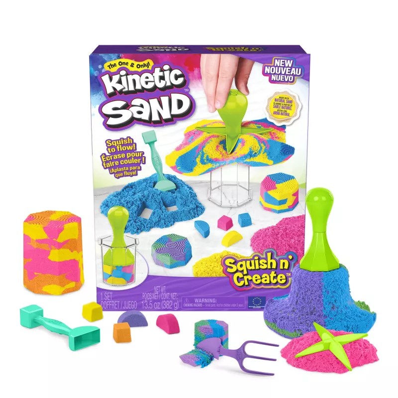 Kinetic Sand, Squish N’ Create žaidimų rinkinys, Velykų krepšelio priedai, apima 13,5oz (3 spalvų) formuojamo žaidimų smėlio, 5 įrankius, sensorinius žaislus vaikams nuo 3 metų