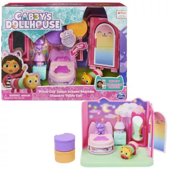 Gabby's Dollhouse, Sweet Dreams Bedroom su Pillow Cat figūrėle ir 3 priedais, 3 baldais ir 2 siuntomis, žaislai vaikams nuo 3 metų