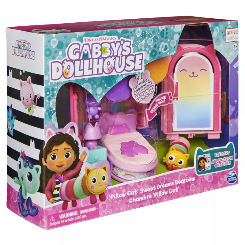 Gabby's Dollhouse, Sweet Dreams Bedroom su Pillow Cat figūrėle ir 3 priedais, 3 baldais ir 2 siuntomis, žaislai vaikams nuo 3 metų