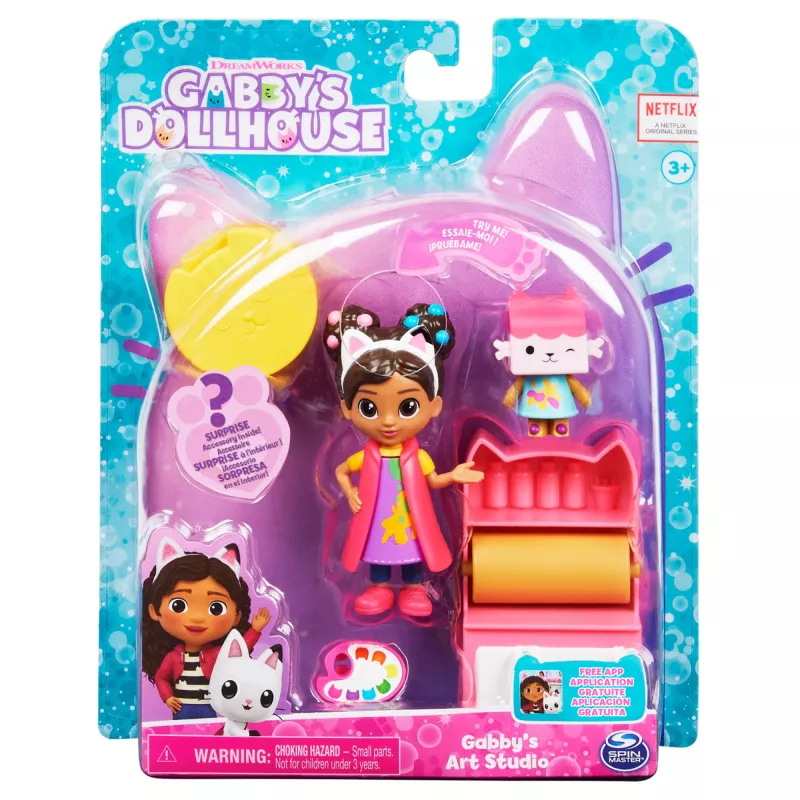 Gabby's Dollhouse , meno studijos rinkinys su 2 žaislinėmis figūrėlėmis, 2 priedais, siunta ir baldo detale, vaikiški žaislai nuo 3 metų