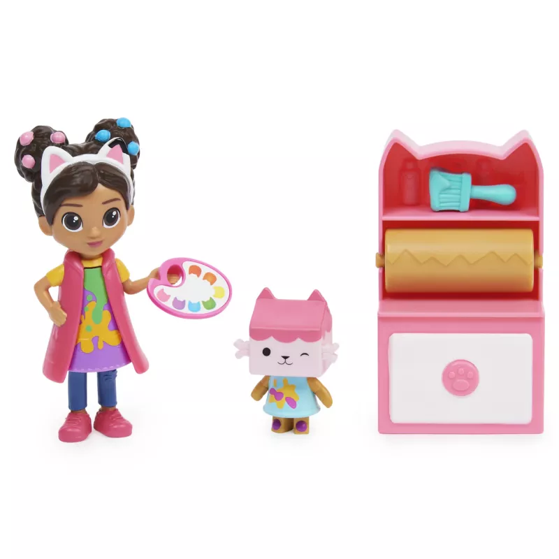 Gabby's Dollhouse , meno studijos rinkinys su 2 žaislinėmis figūrėlėmis, 2 priedais, siunta ir baldo detale, vaikiški žaislai nuo 3 metų