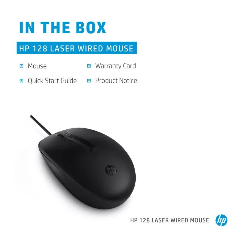 HP 128 lazerinė laidinė pelė, abiem rankoms tinkama, lazerinė, USB Type-A, 1200 DPI, juoda
