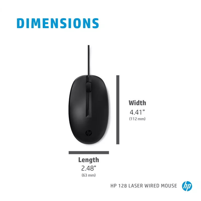 HP 128 lazerinė laidinė pelė, abiem rankoms tinkama, lazerinė, USB Type-A, 1200 DPI, juoda