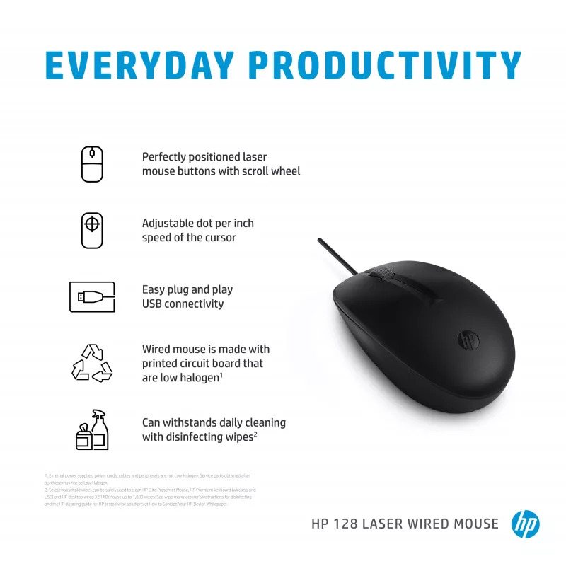 HP 128 lazerinė laidinė pelė, abiem rankoms tinkama, lazerinė, USB Type-A, 1200 DPI, juoda