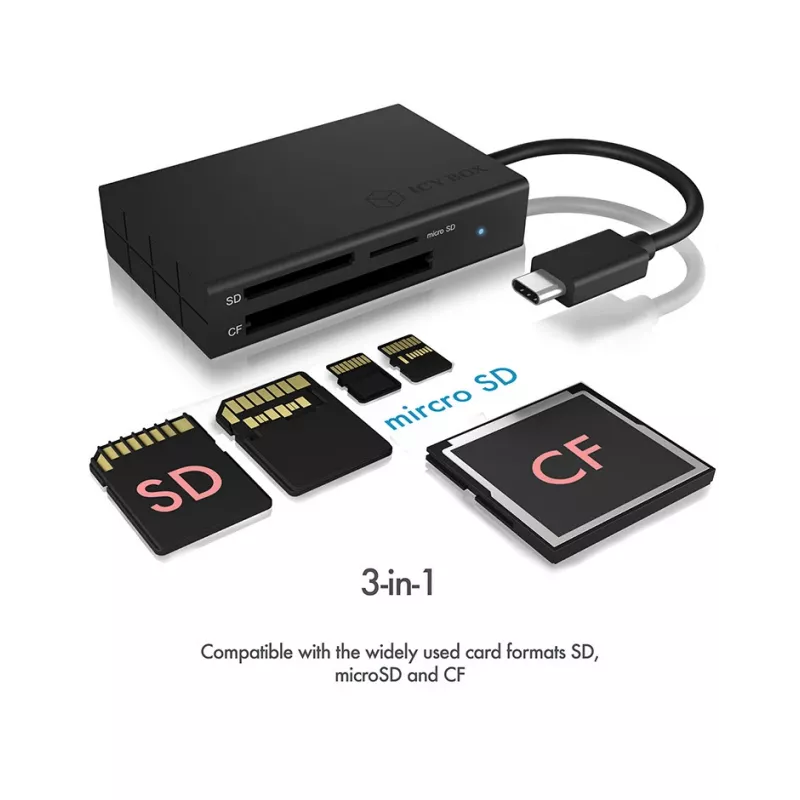 ICY BOX IB-CR401-C3 kortelių skaitytuvas USB 3.2 Gen 1 (3.1 Gen 1) Type-C juodas