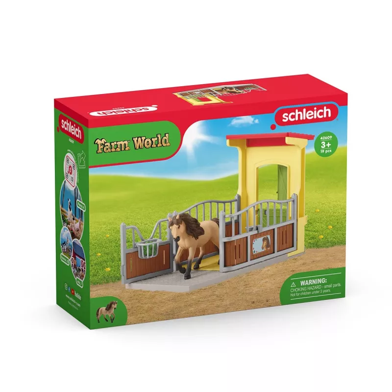 schleich FARM WORLD ponių dėžė su Islandijos ponių eržilu, ūkis, pastatai, ūkio gyvūnai / ūkio žaislai, arklių arklidė, arkliai, 3 m., įvairiaspalvė