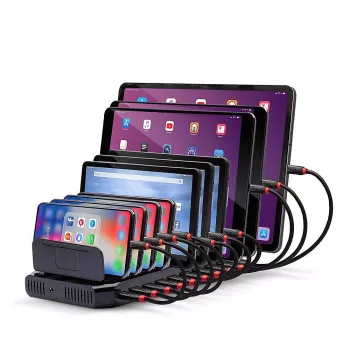Lindy 96W 10 prievadų USB įkrovimo stotelė, laisvai pastatoma, plastikinė, juoda, kontaktinis, su visais USB A tipo įrenginiais, maitinimas