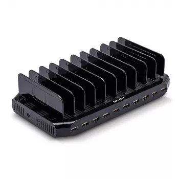 Lindy 96W 10 prievadų USB įkrovimo stotelė, laisvai pastatoma, plastikinė, juoda, kontaktinis, su visais USB A tipo įrenginiais, maitinimas