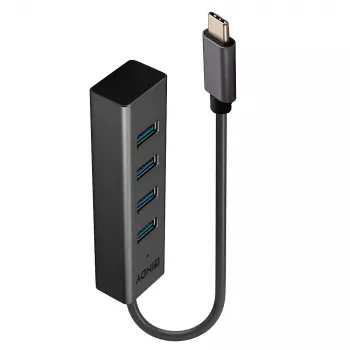 Lindy 4 prievadų USB 3.2 C tipo šakotuvas, USB 3.2 Gen 1 (3.1 Gen 1) Type-C, USB 3.2 Gen 1 (3.1 Gen 1) Type-A, 5000 Mbit/s, pilkas, aliuminis, plastikas, 0,3 m