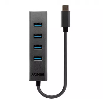 Lindy 4 prievadų USB 3.2 C tipo šakotuvas, USB 3.2 Gen 1 (3.1 Gen 1) Type-C, USB 3.2 Gen 1 (3.1 Gen 1) Type-A, 5000 Mbit/s, pilkas, aliuminis, plastikas, 0,3 m