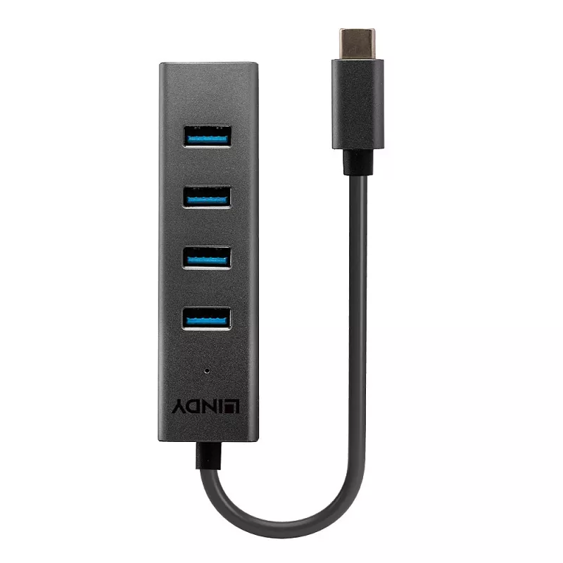 Lindy 4 prievadų USB 3.2 C tipo šakotuvas, USB 3.2 Gen 1 (3.1 Gen 1) Type-C, USB 3.2 Gen 1 (3.1 Gen 1) Type-A, 5000 Mbit/s, pilkas, aliuminis, plastikas, 0,3 m