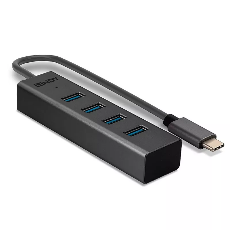 Lindy 4 prievadų USB 3.2 C tipo šakotuvas, USB 3.2 Gen 1 (3.1 Gen 1) Type-C, USB 3.2 Gen 1 (3.1 Gen 1) Type-A, 5000 Mbit/s, pilkas, aliuminis, plastikas, 0,3 m