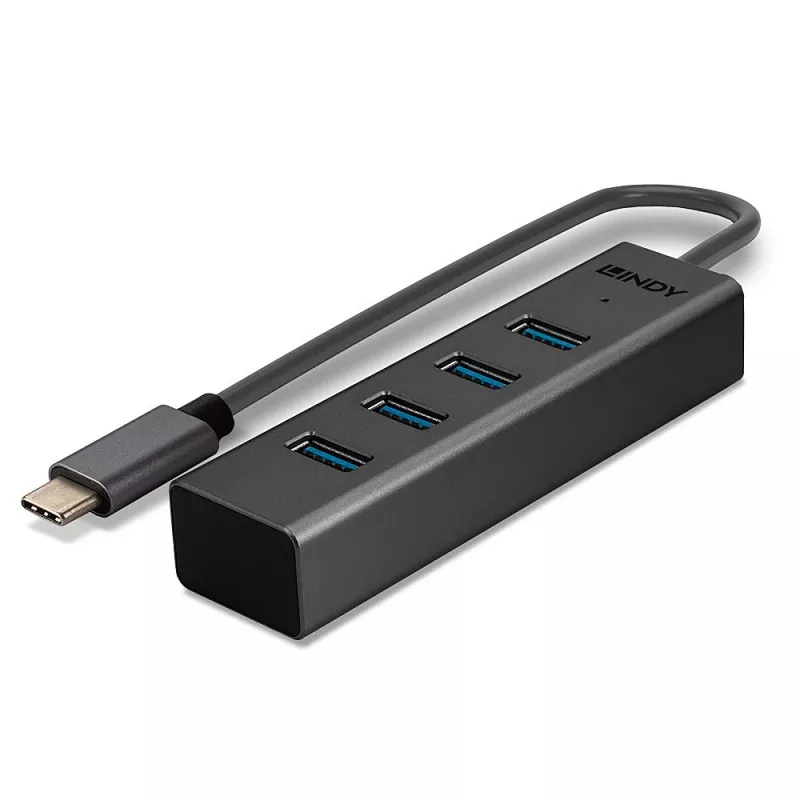 Lindy 4 prievadų USB 3.2 C tipo šakotuvas, USB 3.2 Gen 1 (3.1 Gen 1) Type-C, USB 3.2 Gen 1 (3.1 Gen 1) Type-A, 5000 Mbit/s, pilkas, aliuminis, plastikas, 0,3 m
