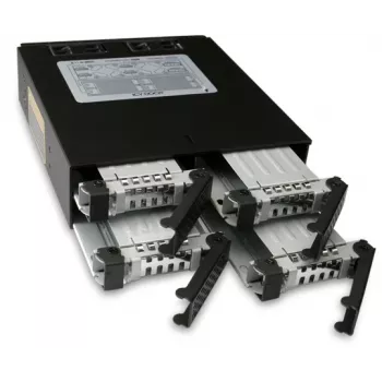 ICYDOCK ToughArmor visiškai metalinis 4 lizdų 2,5 col. SATA HDD ir SSD galinis skydas, skirtas išoriniam 5,25 col. lizdui