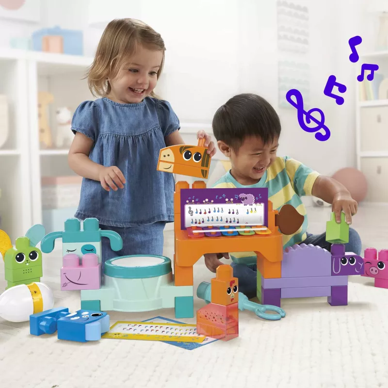 MEGA BLOKS Fisher Price Muzikinės fermos grupė sensorinis blokelių žaislas (45 vnt.) mažyliui