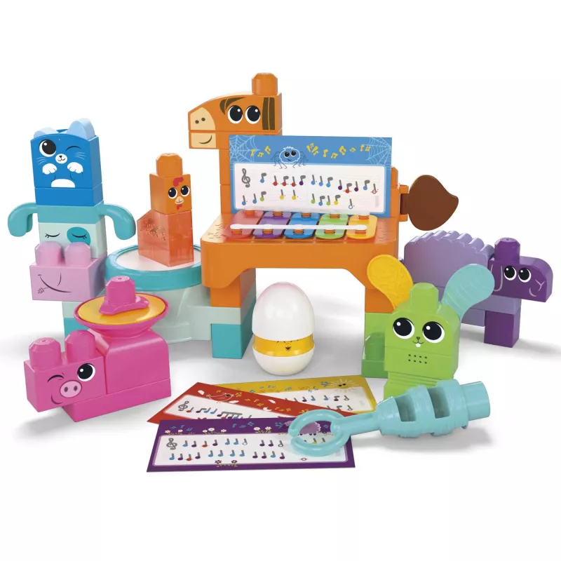 MEGA BLOKS Fisher Price Muzikinės fermos grupė sensorinis blokelių žaislas (45 vnt.) mažyliui