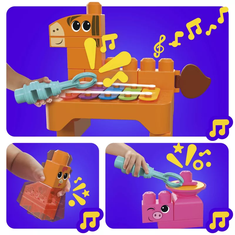MEGA BLOKS Fisher Price Muzikinės fermos grupė sensorinis blokelių žaislas (45 vnt.) mažyliui