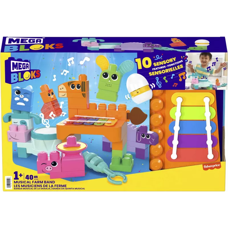 MEGA BLOKS Fisher Price Muzikinės fermos grupė sensorinis blokelių žaislas (45 vnt.) mažyliui
