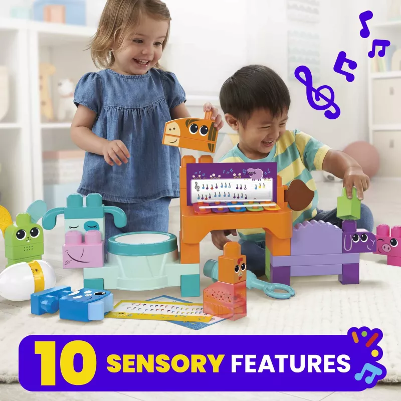 MEGA BLOKS Fisher Price Muzikinės fermos grupė sensorinis blokelių žaislas (45 vnt.) mažyliui