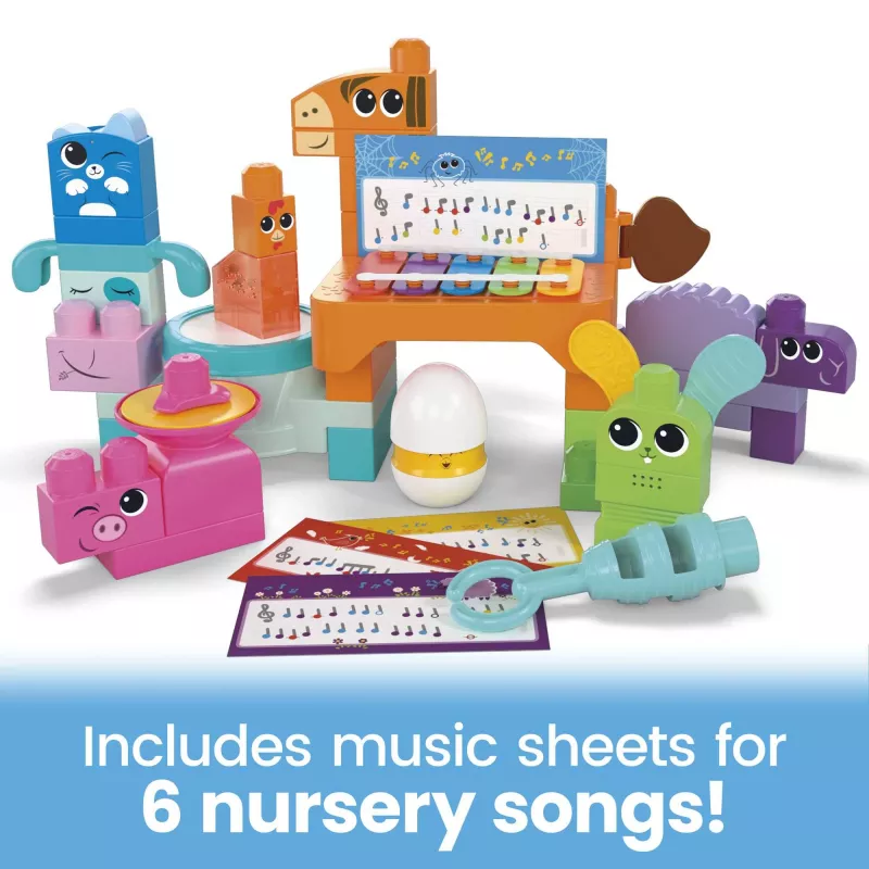 MEGA BLOKS Fisher Price Muzikinės fermos grupė sensorinis blokelių žaislas (45 vnt.) mažyliui