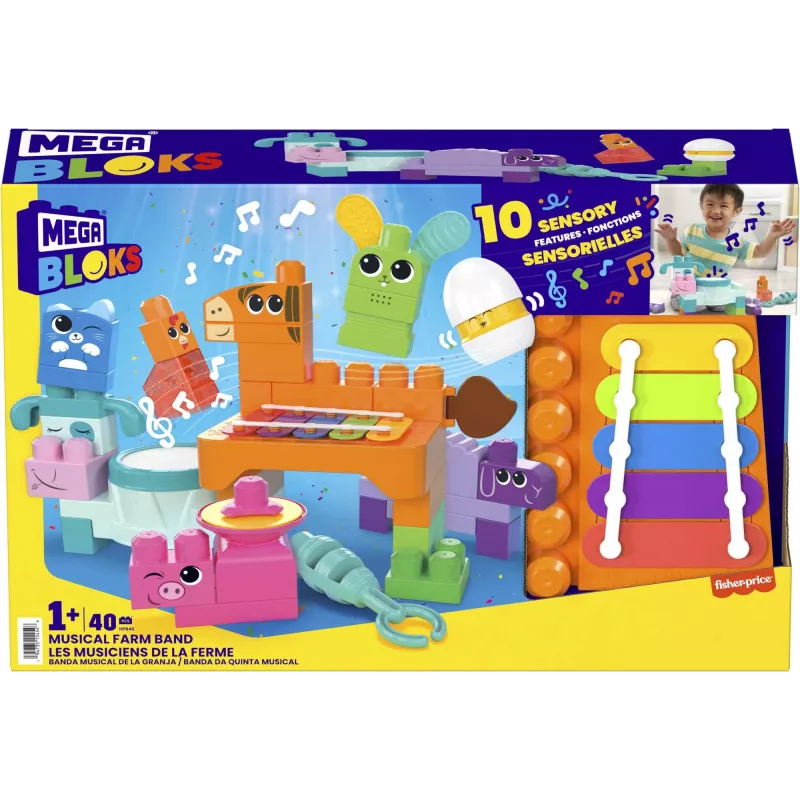 MEGA BLOKS Fisher Price Muzikinės fermos grupė sensorinis blokelių žaislas (45 vnt.) mažyliui