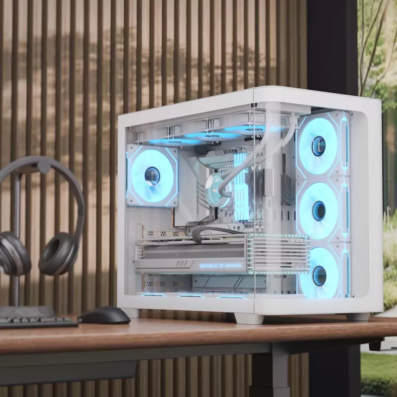 PC korpusas Aerocool P500C Midi Tower baltas ATX šoninis maitinimo blokas 3x120 mm ventiliatoriai